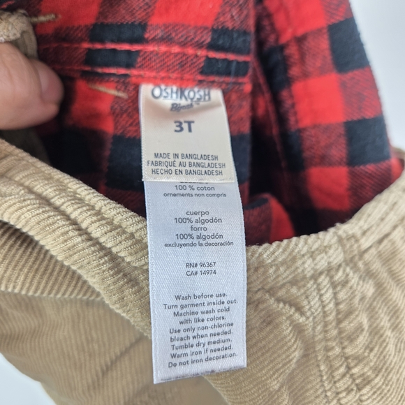 OshKosh B'gosh Kids 3T Overall Tan Corduroy Red Black Checkered Lined - Picture 6 of 6